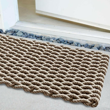Lobster Rope Doormats, Outdoor Door Mats, Wicked Good Door Mats Made in Maine, Mocha & Light Tan Double Weave, Angled View in Front Door